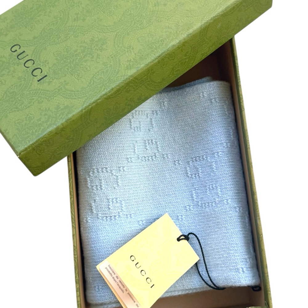 NWT and Box Gucci GG Jacquard 100% Wool Scarf in Baby Blue - Made in Italy